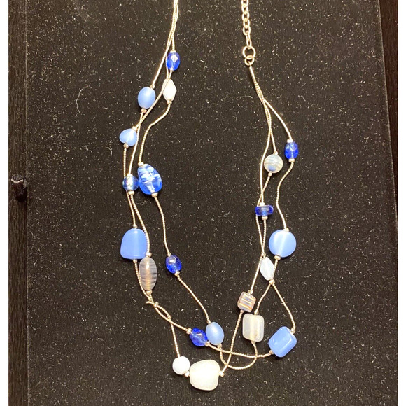 VJ Victoria Jousan Blue Beaded Necklace Long Silvertone Multistrand Glass Beads - Picture 7 of 9